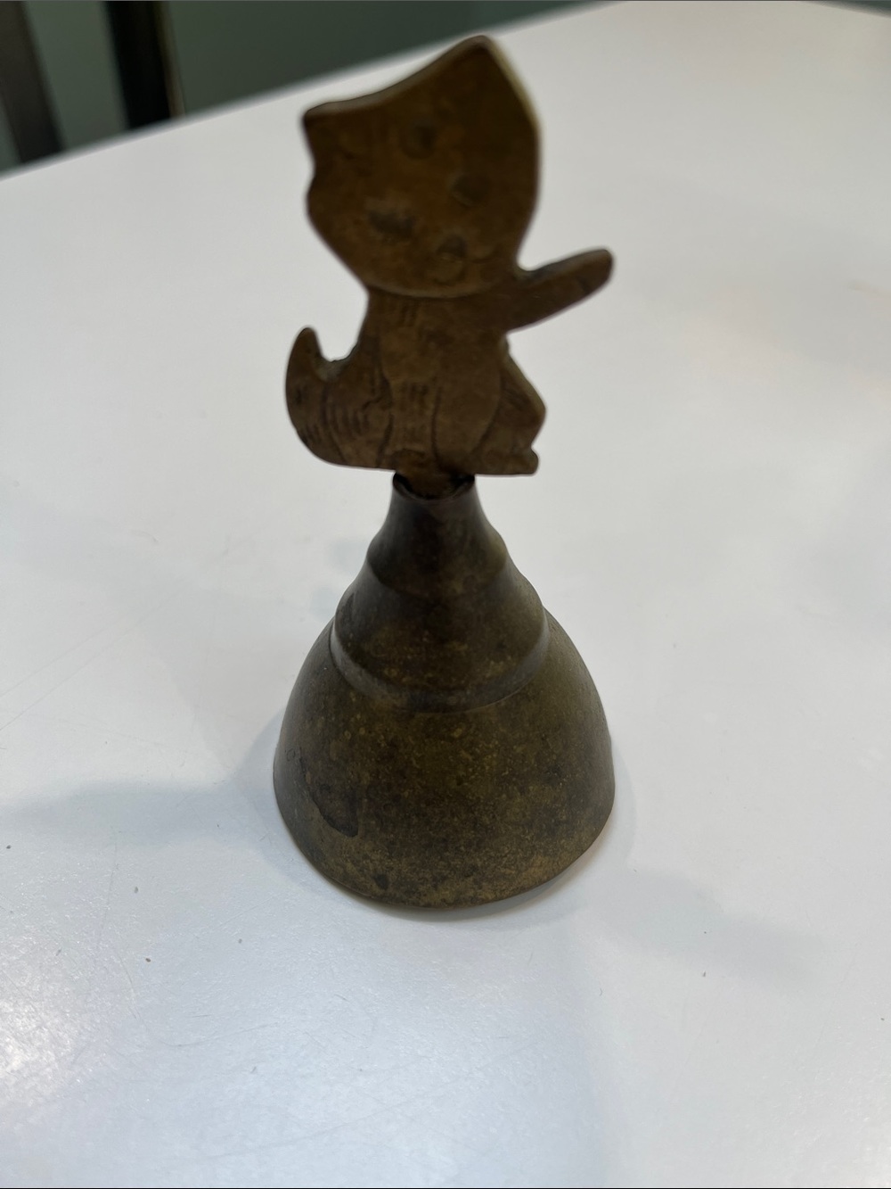 Vintage Brass Cat Figurine Hand Bell - Brown